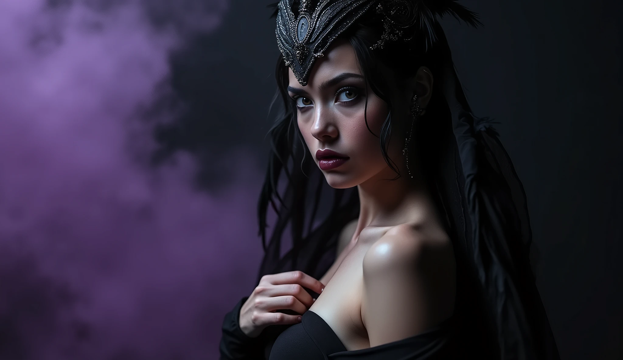 Arafed woman with black hair and a black dress with feathers - SeaArt AI