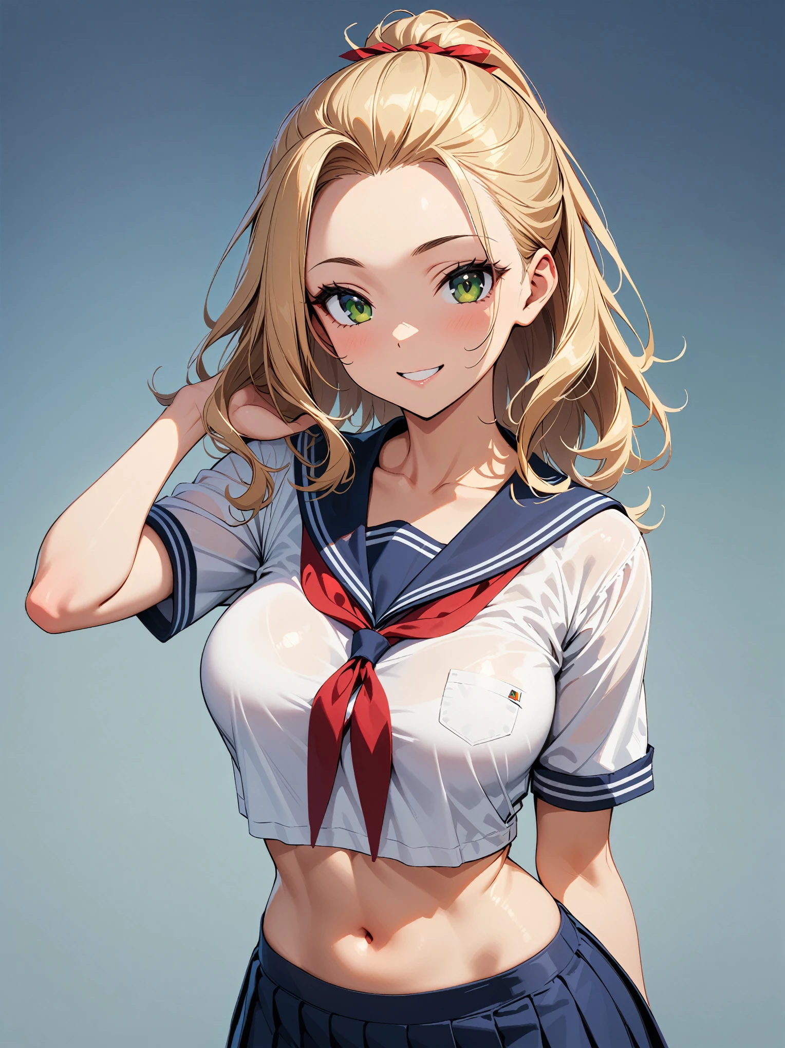 (highest quality, masterpiece),(One girl), Beautiful face with attention to detail, Long Hair, French Braid, Blonde Hair, Long Hair、Straight Hair、Fluttering in the wind、Red hairpin、smile、Grey Eyes, Beautiful, detailed eyes, Sparkling eyes,Drooping eyes、Cute face、(Medium sized breasts、Slender body)、serafuku、Sailor suit,(nsfw,topless,bottomless)