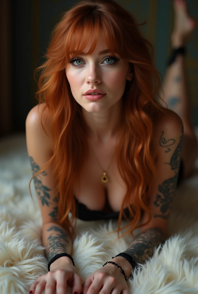 1 girl, 18 years old, long red hair, freckles, , pussy,  Smiling, nude in stockings, showing genitals, super sexy,  sitting astride a man, heavily tattooed, lying on a soft sofa with pillows  with legs wide open, taking a selfie using a selfie stick