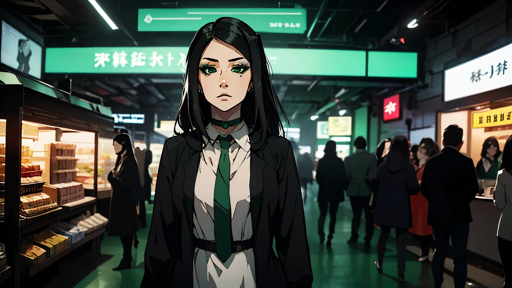 1girl, detailed face, detailed Beauty, ((hair over eye)), emo_hairstyle, (piercings), (black necktie), ((long hair)), ((straight hair)), (((black hair))), side swept bangs, white skin, pale, white, (green eye), tired expression, choker, ((dark makeup, mascara, eyeshadow)), multiple piercings, best quality, 8k, royal court background, royal castle background, tech, neon lights, white shirt, erotic, slytherin, dark gothic, detective, black overcoat, (small breasts, strap gap), Solo, 1girl, Super Detailed, Dutch Angle, Wide Shot, full body view,