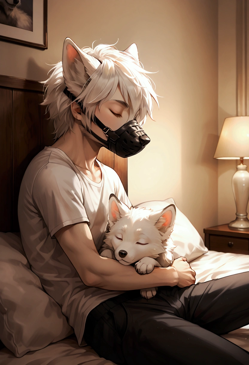 garden, fox boy, short white hair, tank top, shorts, shirt, silly smile, blushing red face, heart-shaped pupils, drooling, (best quality,4k,8k,highres,masterpiece:1.2),ultra-detailed,(realistic,photorealistic,photo-realistic:1.37),extremely detailed eyes and face,longeyelashes,highly detailed hands,full body shot,showing feet, lying on bed,high angle view,extremely detailed toes
