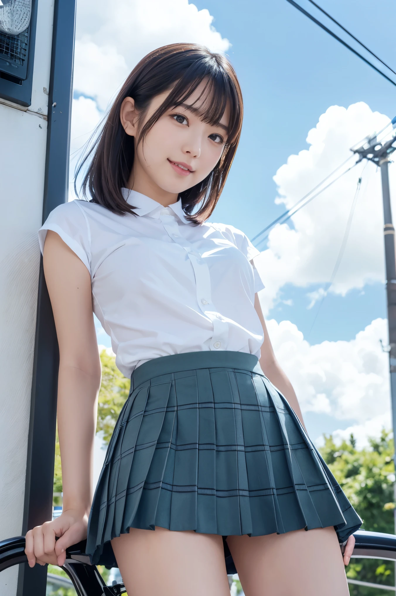 full body,full-body,Bounce light,Photorealistic,Color grading, pov, beautifl japanese girl,1 baby's face ,girl,solo, medium hair,portlait, smiling for camera, shy, stock photo,best quolity, (elementary school girl, girl:1.2),detailed skin,detailed face, BREAK working at cafe, waitress