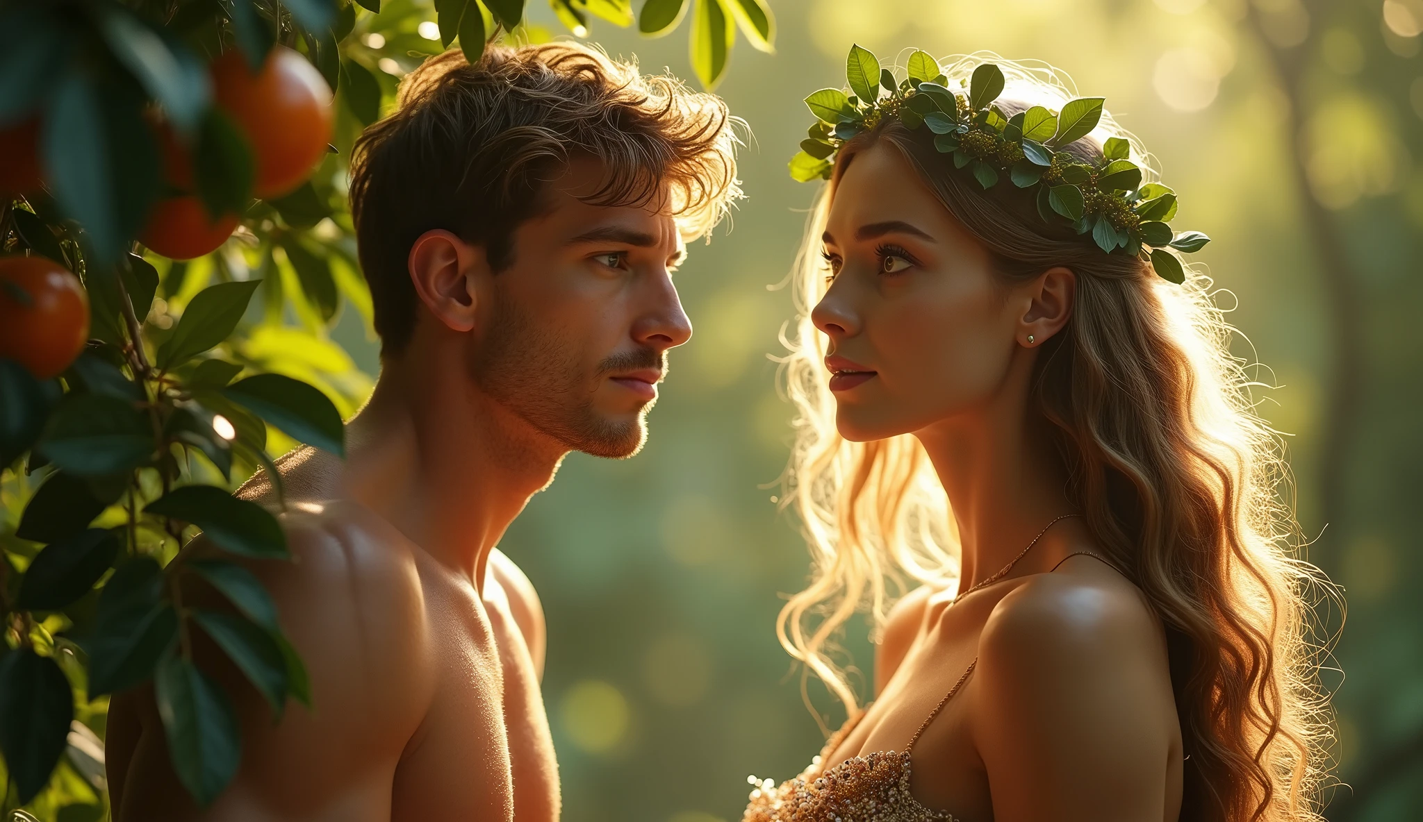 (melhor qualidade,4k,Alto,master part:1.2),detailed depiction of Adam and Eve in the Garden of Eden,fotorrealista,classic art,retrato,Landscape,romantic setting,natural lighting,tons quentes,atmosfera serena,rostos expressivos,Historical interpretation,pinceladas sutis,cores vibrantes,historical accuracy,natureza deslumbrante,Natureza,grandeza,Ambiente tranquilo,lindo jardim exuberante,Tree of Life,exquisite botanical details,harmonia entre os seres humanos e a natureza,fascinante vida selvagem,Captivating composition,dreamy ethereal sensation,sunlight streaming through the leaves,rich textures symbolizing fertility and abundance,tender and caring interaction between Adam and Eve, corpos cobertosl,Gentle breeze caressing the lush vegetation.