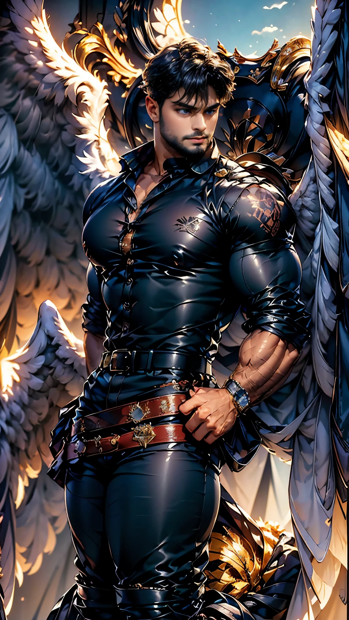 Daegan(1), male_character, detailed_face, no more characters, angel wings (symmetrical style), blue eyes (iris color), medium beard, black hair, wearing plaid shirt, chaps, belt, silver belt buckle, cowboy pants, denim shirt, red shirt, red neckerchief, cowboy hat, tattooed, arm pointing sky (body), visual harmony, epic scenery, extremely detailed CG unity 4k wallpaper, best quality, amazing quality, very aesthetic, (ethereal particles:1.1), (dynamic pose:1.2), (epic soundtrack:1.2), (sense of awe:1.1), (magical prowess:1.1), over power, power up, sphere, extreme, focused.