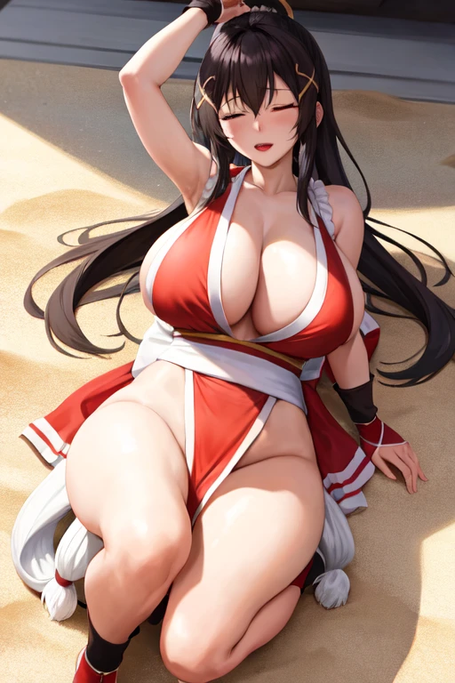 masterpiece, best quality, beautiful art, high resolution, well formed hands, body and fingers, 1 woman, solo, Kanan Matsuura, red makeup, red lipstick,adult, grown up,  cosplaying as Mai Shiranui , mai_shiranui_cosplay, adult, large and big breasted, cleavage, full body , hair ribbon, gorgeous legs and, thighs, sexy Japanese clothes, hair ornament , sexy and bare legs , hips and thighs, panties peek,fighting in a combat match, showing her fighting skills, making her guard, about to hit the viewer, looking at the viewer, close up on her bouncing breasts, sweating, bouncing breasts, smiling joyfully and brightly, seductive face, being confident and proud, action and fighting scene, martial arts tournament on the beach  fighting in a combat match, showing her fighting skills, making her guard, about to hit the viewer, looking at the viewer, close up on her bouncing breasts, sweating, bouncing breasts, smiling joyfully and brightly, seductive face, being confident and proud, action and fighting scene, martial arts tournament on the beach  