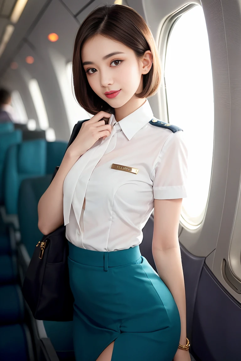 masterpiece, high-detail, the most pornographic airline stewardess in the world, ((pornographic)), in air hostess costume, brunette short hair, bob hairstyle, legs, ((( medium Breasts 1.9))) thick thighs,wide hips, Air hostess dress, slim body, smile lips, ((air hostess)) (UHD, 8K wallpaper, High resolution), Cinematic lighting, physically-based rendering, award-winning, extremely detailed skin, extra detailed face, high detail eyes, Carl Zeiss 85 mm F/1.4, by Ellen von Unwerth