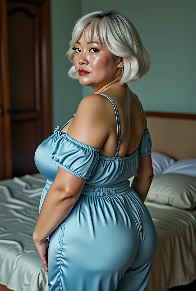mermaid, beautiful 60-year-old, white hair, mermaid, wrinkles, large breasts, full body, sit on bed, bedroom, white wall bedroom,