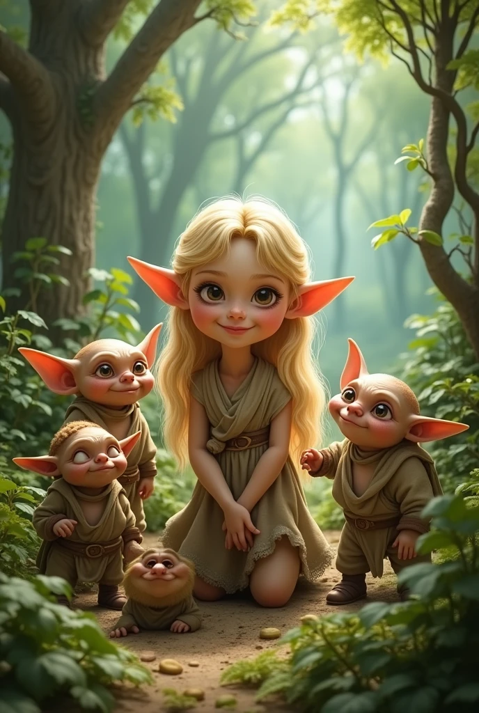 1men, 1girl, princess carry, Elf, Elf ears, aqua eyes, straight hair, very long hair, blonde, (white elven dress:1.2), see-through, strapless, jewelry, (little green goblin:1.2), size difference, with a baby goblin in her arms, a girl carrying a man, ugly goblin, sharp teeth, goblin monster, diaper goblin, fantasy, in a fantasy glade, cinematic, detailed character design, Digital artwork, Resolution: 4k, best quality, masterpiece, high resolution, <lora:goblin_v0.1a:0.6> <lora:princess_carry_v0.1:0.7>