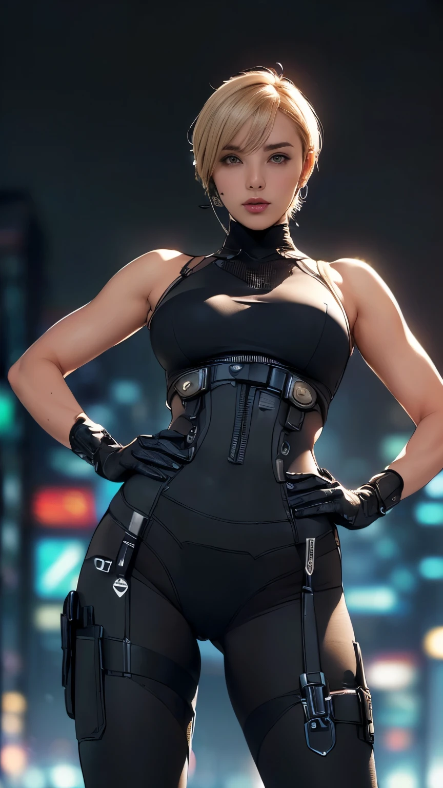 (A woman),(((Future female police officer standing))),((Black tactical tights:1.5)),((Camel toe:1.5)),((earphone:1.5)),((Tactical Holster:1.5)),(Gloves:1.5),(((Hands on Hips:1.5))),(front:1.5),(From below:1.2),(Super short hair:1.5),(bionde:1.5),(beautiful eyes:1.3),(Very detailedな顔:1.5),((Very detailed drawing of a female hand:1.5)),((muscular:1.5)),(Sexy look:1.5),((Thick thighs:1.5)),(Beautiful Body:1.5),((Very sensual:1.5)),(The backdrop is a futuristic city:1.5),(Cyberpunk atmosphere:1.5),(((Blurred Background:1.5))),(Written border depth:1.5),rest(((masterpiece:1.5),(best quality:1.5),(Very detailed:1.5),(high resolution:1.5),(Practical:1.5),(Practical:1.5),(Delicate depiction),(Carefully drawn))),8k,wallpaper