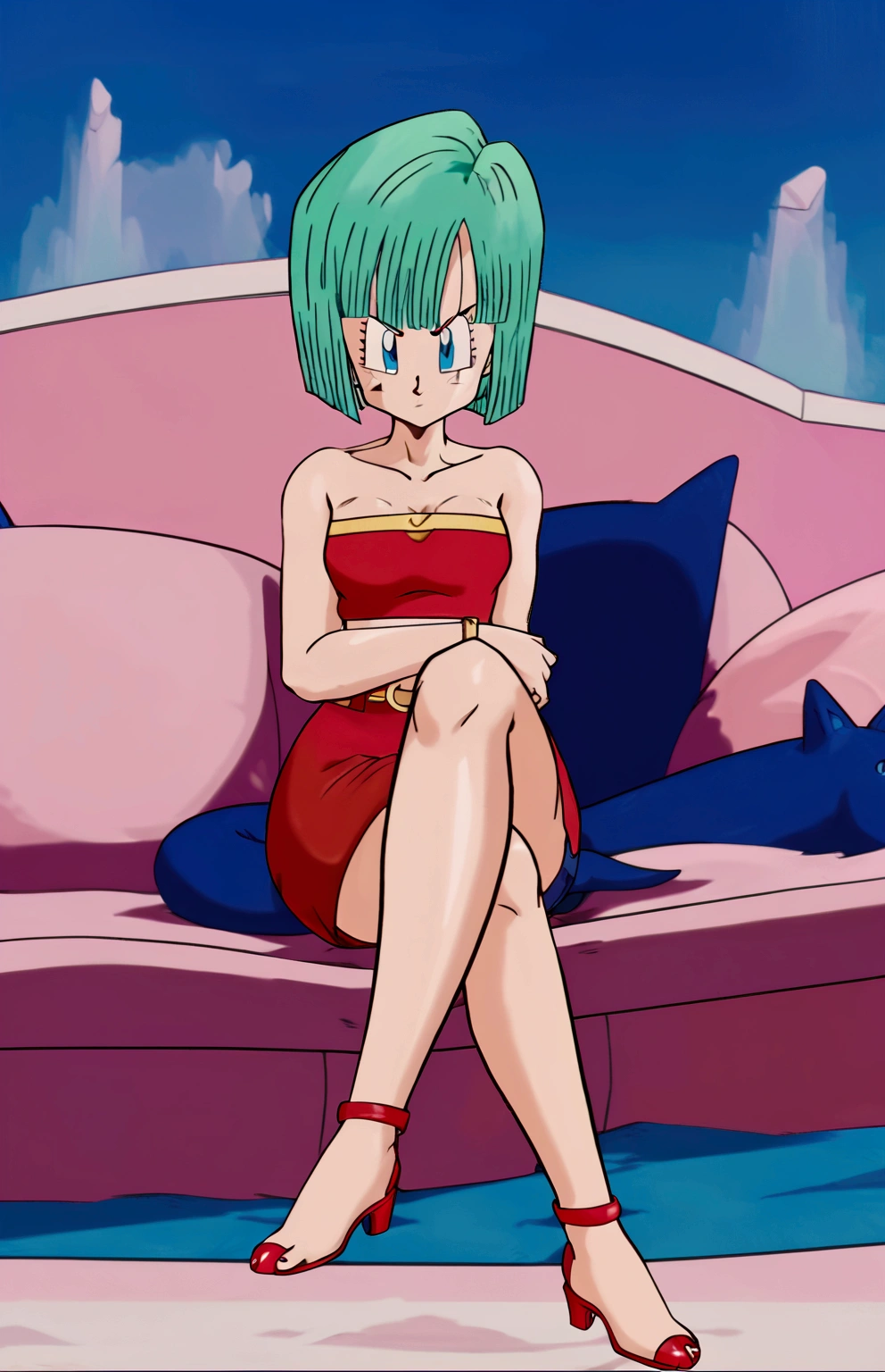 bulma, short hair, aquamarine hair, bob cut, hits, blue eyes, 1 girl, Alone, bare shoulders, Strapless, belt, medium chest, pink shirt, Pink mini skirt, Sitting on a sofa, Whole body, bare legs with red heels, crossed legs,serious face