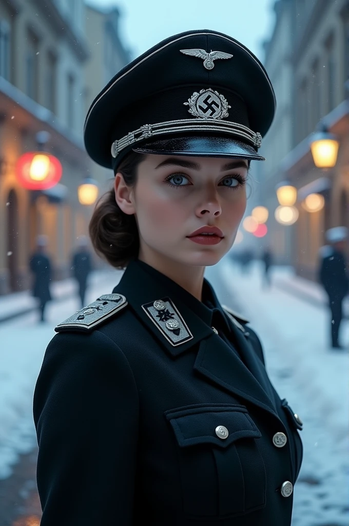 beautiful female soldier, beautiful Russian face, long light brown hair, Soviet style military gray color military hat, Soviet style military uniform Light gray fabric with red details, she is in Moscow of the Soviet Union, snowy day, 4k, ultra detailed image, Realistic, highly detailed, perfect composition, gorgeous, Intricately detailed, incredibly detailed, 8 k artistic photography, hyper detailed, masterpiece, ultra detailed, hyper Realistic, 4k, ultra detailed image, Realistic, highly detailed, perfect composition, gorgeous, Intricately detailed , incredibly detailed, 8 k artistic photography, hyper detailed, masterpiece