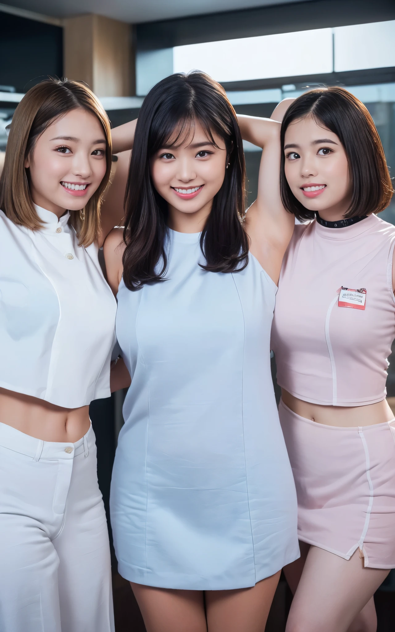 A group of three or more Japanese girls, All looking at the viewer, In a large office, (All smiles), Highest Resolution, masterpiece, (All the girls wear long-sleeve pastel-colored tight knit sweater and panties), (All wearing earrings), ((All sweating)), All shiny skin, Hair tied up, Bangs down, (All embarrassed and shy)