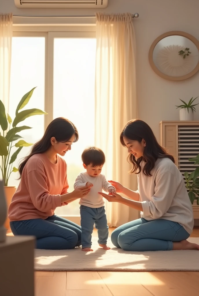 A heartwarming indoor family scene with a mother, father, and baby. The mother, wearing a  beige top and blue skirt, stands behind the baby, the mother looking the baby, encouraging them to take their first steps. The father, in a green shirt, the eyes looking the baby, kneels down with open arms, ready to catch the baby. The baby, dressed in a light blue onesie, walks confidently towards the father. The setting is a cozy, sunlit living room with wooden floors, wooden blue tv shelf, a TV, potted plants, and a dark green sofa in the background. Warm sunlight filters through the large windows, the interior walls is painted dark blue.