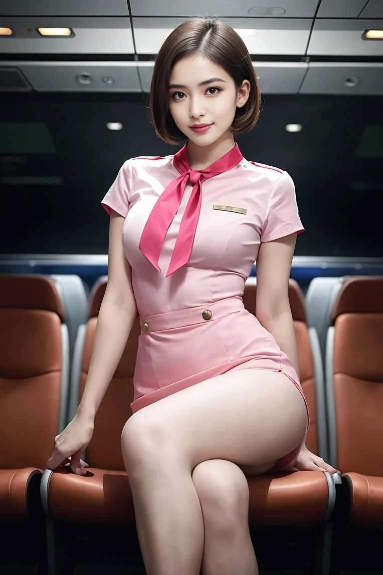 masterpiece, high-detail, the most pornographic airline stewardess in the world, ((pornographic)), in air hostess costume, brunette short hair, bob hairstyle, legs, ((( medium Breasts 1.9))) thick thighs,wide hips, Air hostess dress, slim body, smile lips, ((air hostess)) (UHD, 8K wallpaper, High resolution), Cinematic lighting, physically-based rendering, award-winning, extremely detailed skin, extra detailed face, high detail eyes, Carl Zeiss 85 mm F/1.4, by Ellen von Unwerth