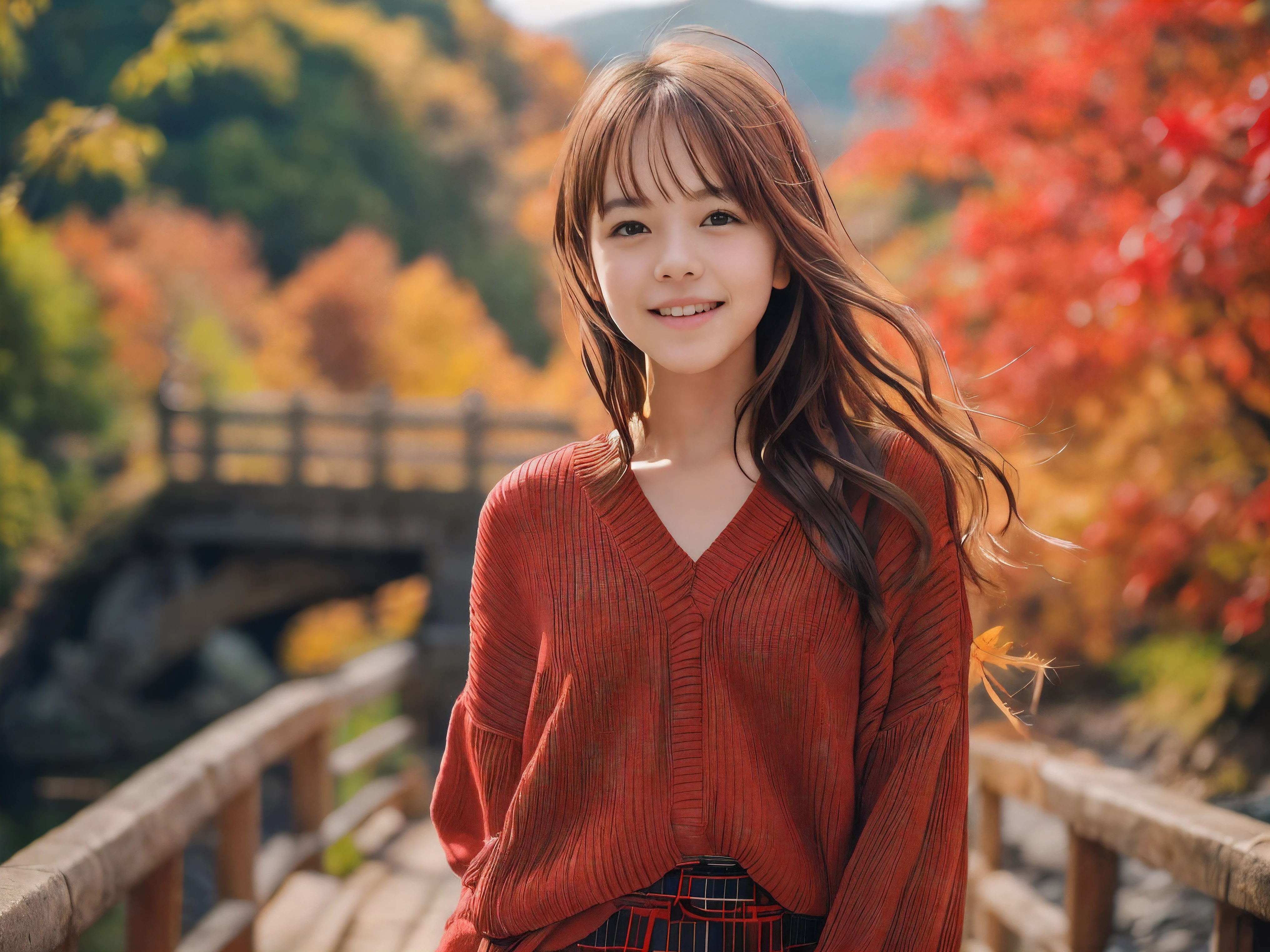 (Close up face shot of one slender small breasts red brown wavy long hair with dull bangs girl in a long sleeves shirt and sweater and skirt:1.5)、(One girl is dancing with happy smile on the dart road near the lake and big waterfall in Japan:1.5)、(Beautiful autumn red leaves landscpe:1.5)、(Natural light:1.5)、(8k ultra detailed master piece:1.5)、(perfect anatomy:1.5)、(Photorealistic stick:1.5)、(Raw photo:1.3)、(highest quality:1.5)、(High resolution:1.3)、(Delicate and beautiful perfect face:1.3)、(Delicate and beautiful eye air skin:1.3)、(Real Human Skin:1.3)、((thin legs))