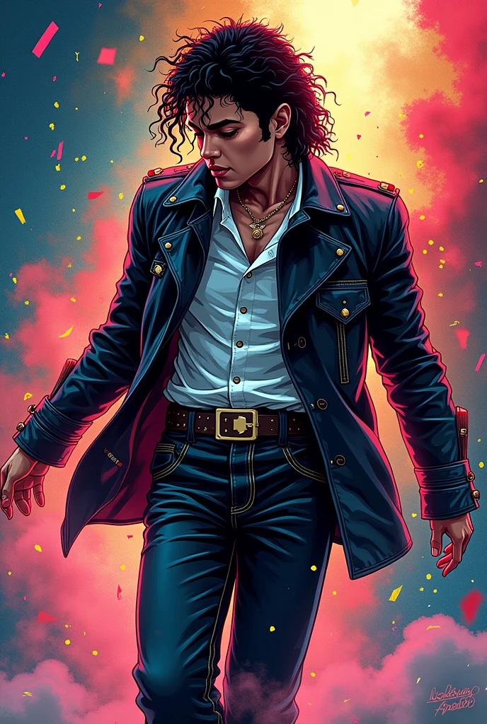 Generate an NFT iconic representation of Michael Jackson in a colorful manga universe