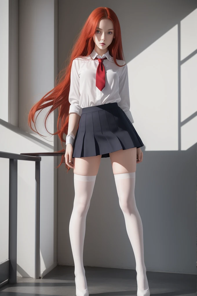 Ultra-realistic, photograph, 全身photograph of an Irish girl with long red hair, 1, Slim hourglass figure, Perfect skinny slim anorexic body, Small breasts, Long, slender legs, 25 inch platform high heels, Sexy expression, Blur the background, Dressed as a schoolgirl (Open neck blouse, Short mini skirt, White opaque thigh-high socks, tie), I&#39;m sitting in a classroom with a Kalashnikov., Sitting in a chair behind her desk, she is testing an AK 47 Kalashnikov., Look seductively, Here I play with an AK 47 Kalashnikov., She has her legs crossed, (( There is a sign with the text in the classroom. " Welcome to KGB")),  The sun shines through the window、Creates beautiful natural light, dramatic cinematographic lighting, 完璧な素晴らしいphotograph, Highest quality , 8k, Alexa Camera, 全身photograph.