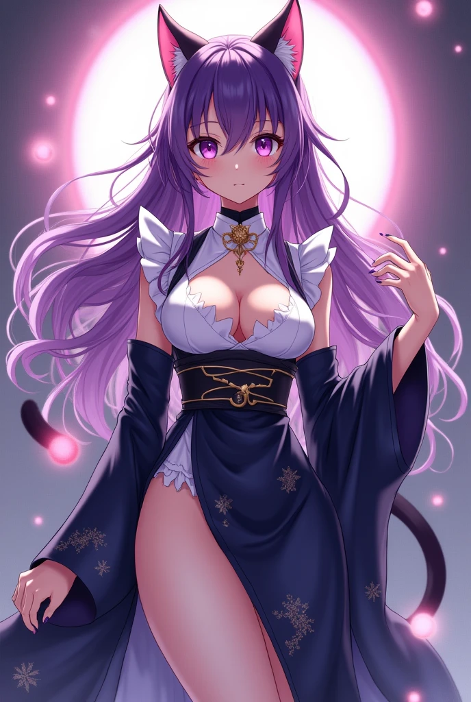 masterpiece, best quality, very aesthetic, absurdres, newest,1girl,naked_shirt, covered_nipples, ,ahri(league_of_legends), 1girl, kitsune, kyuubi, deep purple hair,deep purple fox ears, long_hair,brown_eyes ,facial mark, whisker markings,white fox tail,kyuubi, large_breasts, long sleeves, magic, white multiple tails, off shoulder, sharp fingernails,,in a palace