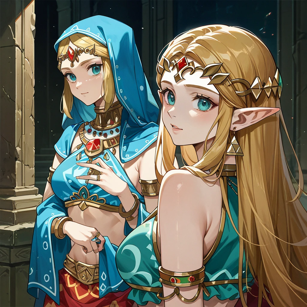 ((Highest quality)), ((masterpiece)), (detailed), （Perfect Face）、The woman is Princess Zelda, with blonde, medium-long hair, wearing a Gerudo costume, and an engagement ring.、In the king&#39;s chambers of the luxurious castle, the woman and Ganondorf are sitting side by side on a large, luxurious upside-down seat.、King Ganondorf of Hyrule and Queen Zelda