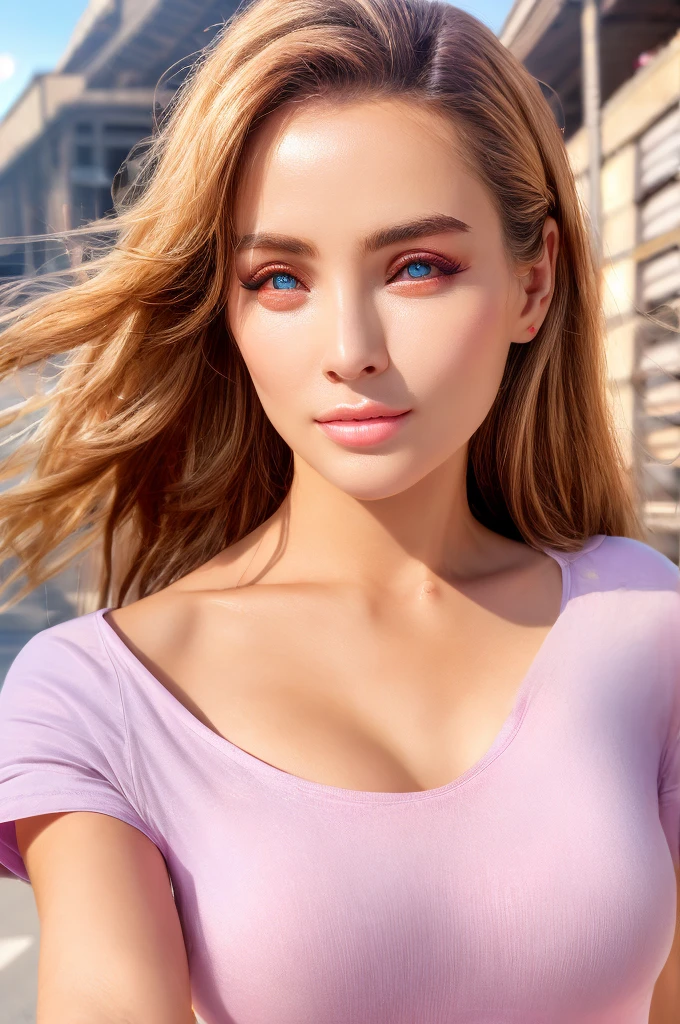 a beautiful woman walking down the road, her pink t-shirt and faded blue jeans illuminated by the sun, red cars passing in the background, a world of shimmering light, beautiful detailed eyes, beautiful detailed lips, extremely detailed eyes and face, long eyelashes, intricate facial features, cinematic lighting, warm color tones, vibrant colors, photorealistic, 8k, best quality, high resolution, masterpiece, ultra-detailed, HDR, physically-based rendering, professional, vivid colors, bokeh