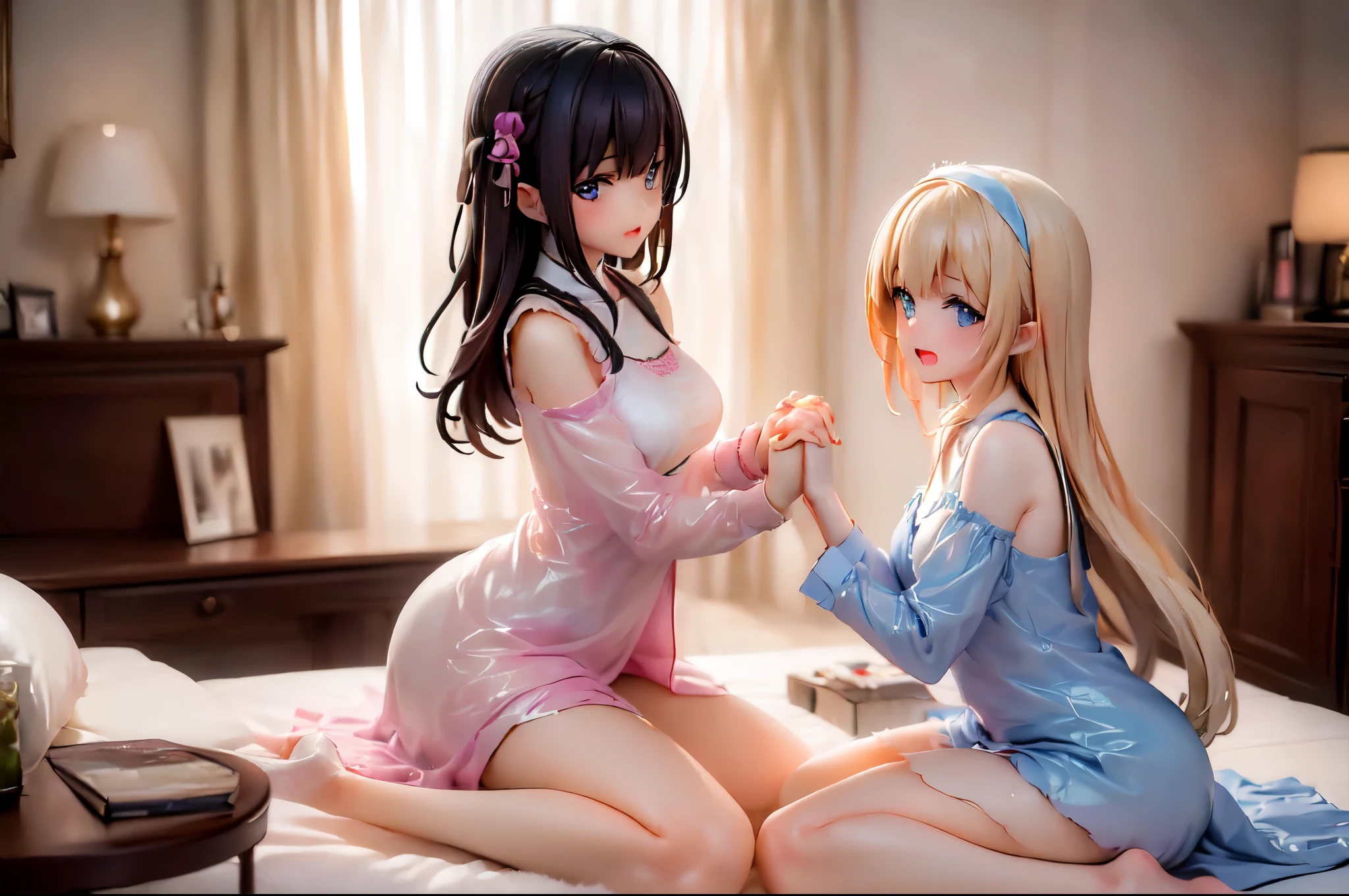 (Two girls hugging each other and holding hands:1.8), (Sitting on the bed:1.5), (Torn and tattered nun&#39;s uniform:1.5)、(Big Breasts、Cleavage、Butt:1.5), (Crying in fear:1.5), (Simple Background:1.8), (Highest quality, masterpiece: 1.5), (2.5D)、(((Skin glowing with oil:1.3)))、(Body covered in milk:1.5)、 (dynamic angle:1.8), (Raise the hand, Leg spread:1.3), ((((Wet)))), (((Spread your legs:1.5))),