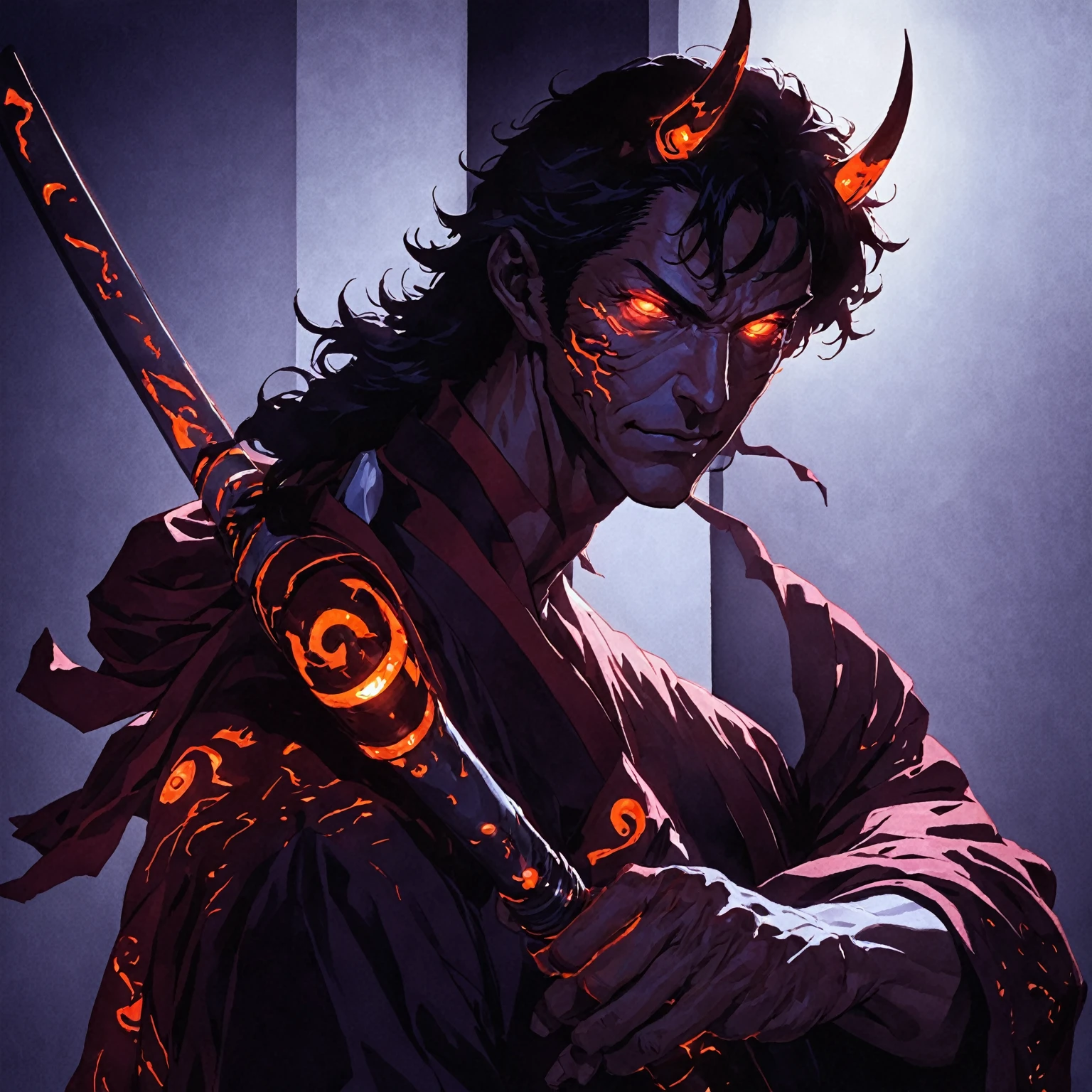 (masterpiece, best quality), oni mask, horns, 1boy, samurai, looking at viewer, upper body, solo, dutch angle, smoke, blood splatter, dark mood, muscular, glowing eyes,