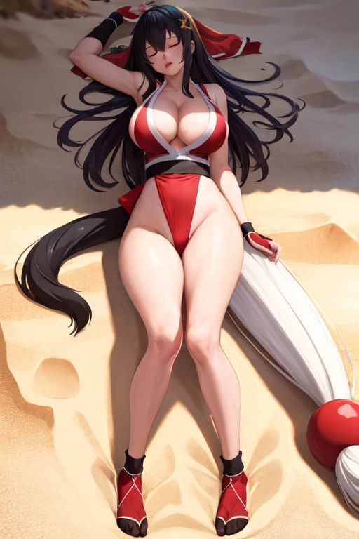 masterpiece, best quality, beautiful art, high resolution, well formed hands, body and fingers, 1 woman, solo, Darkness (konosuba), red makeup, red lipstick,adult, grown up,  cosplaying as Mai Shiranui , mai_shiranui_cosplay, adult, large and big breasted, cleavage, full body , hair ribbon, gorgeous legs and, thighs, sexy Japanese clothes, hair ornament , sexy and bare legs , hips and thighs, panties peek, ryona,in peril, she is defeated, knocked out, passed out, closed eyes, fainting, exhausted, unconscious, laying down on the sand, extended exposed body, full body on the sand, breathing heavily, bouncing breasts, sexy defeated and KO pose, defeat and KO scene, fallen beauty, martial arts tournament with beach environment 