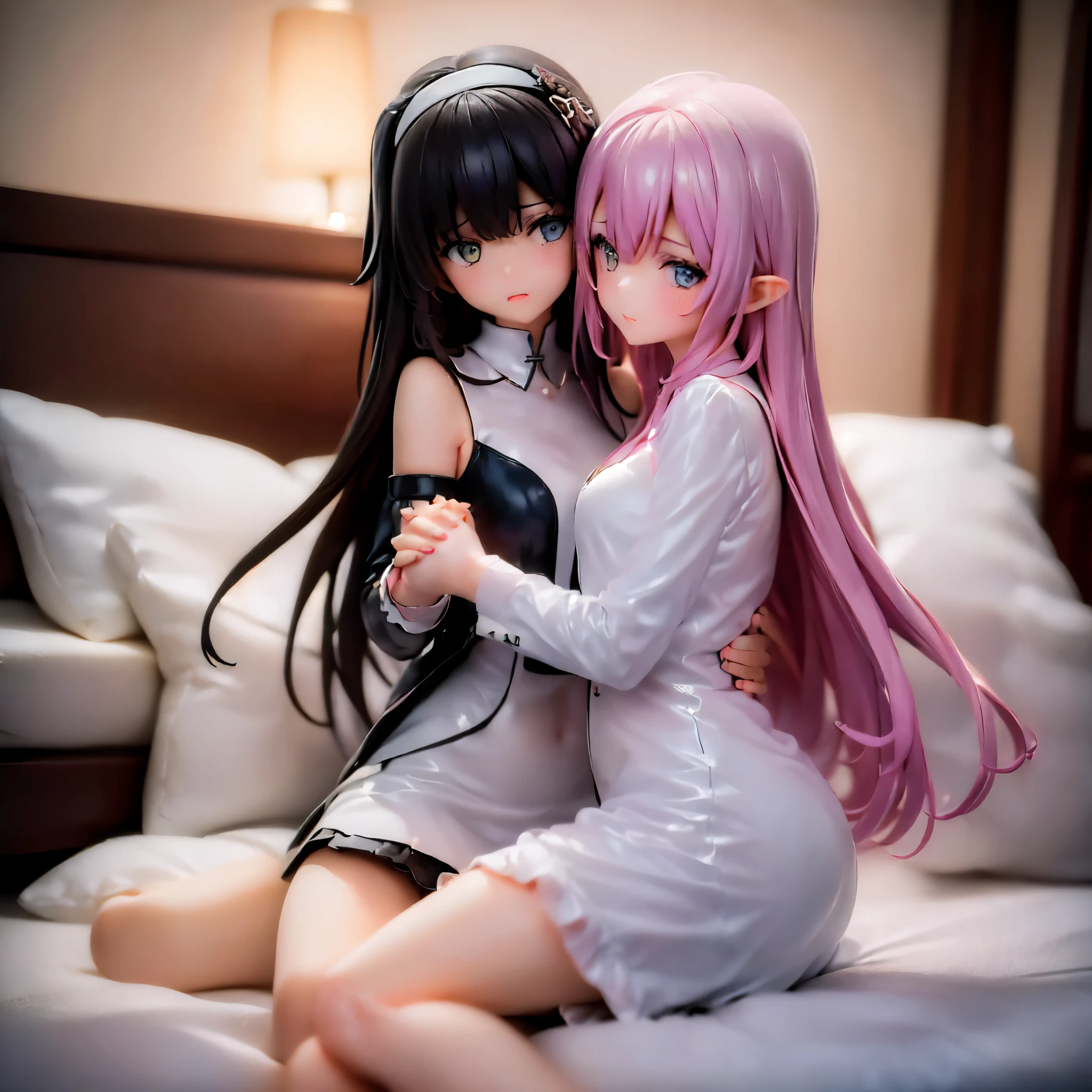 (Two girls hugging each other and holding hands:1.8), (Sitting on the bed:1.5), (Torn and tattered nun&#39;s uniform:1.5)、(Big Breasts、Cleavage、Butt:1.5), (Crying in fear:1.5), (Simple Background:1.8), (Highest quality, masterpiece: 1.5), (2.5D)、(((Skin glowing with oil:1.3)))、(Body covered in milk:1.5)、 (dynamic angle:1.8), (Raise the hand, Leg spread:1.3), ((((Wet)))), (((Spread your legs:1.5))),