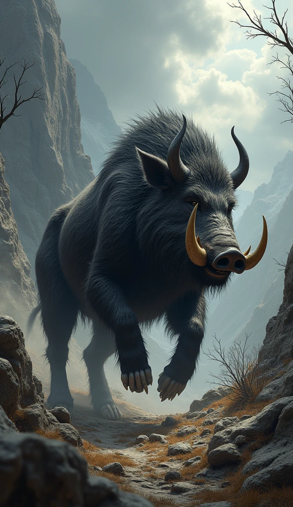 "Design a formidable and dark creature that combines the features of an American Bison and a Friesian horse. This new creature should have the massive, muscular build of the bison, including its large horns, and the sleek, powerful legs and flowing black mane of the Friesian horse. Perched atop this beast is a menacing ape, holding a gun and exuding an air of dominance. The scene should be set in a shadowy, ominous environment to accentuate the creature’s intimidating presence."