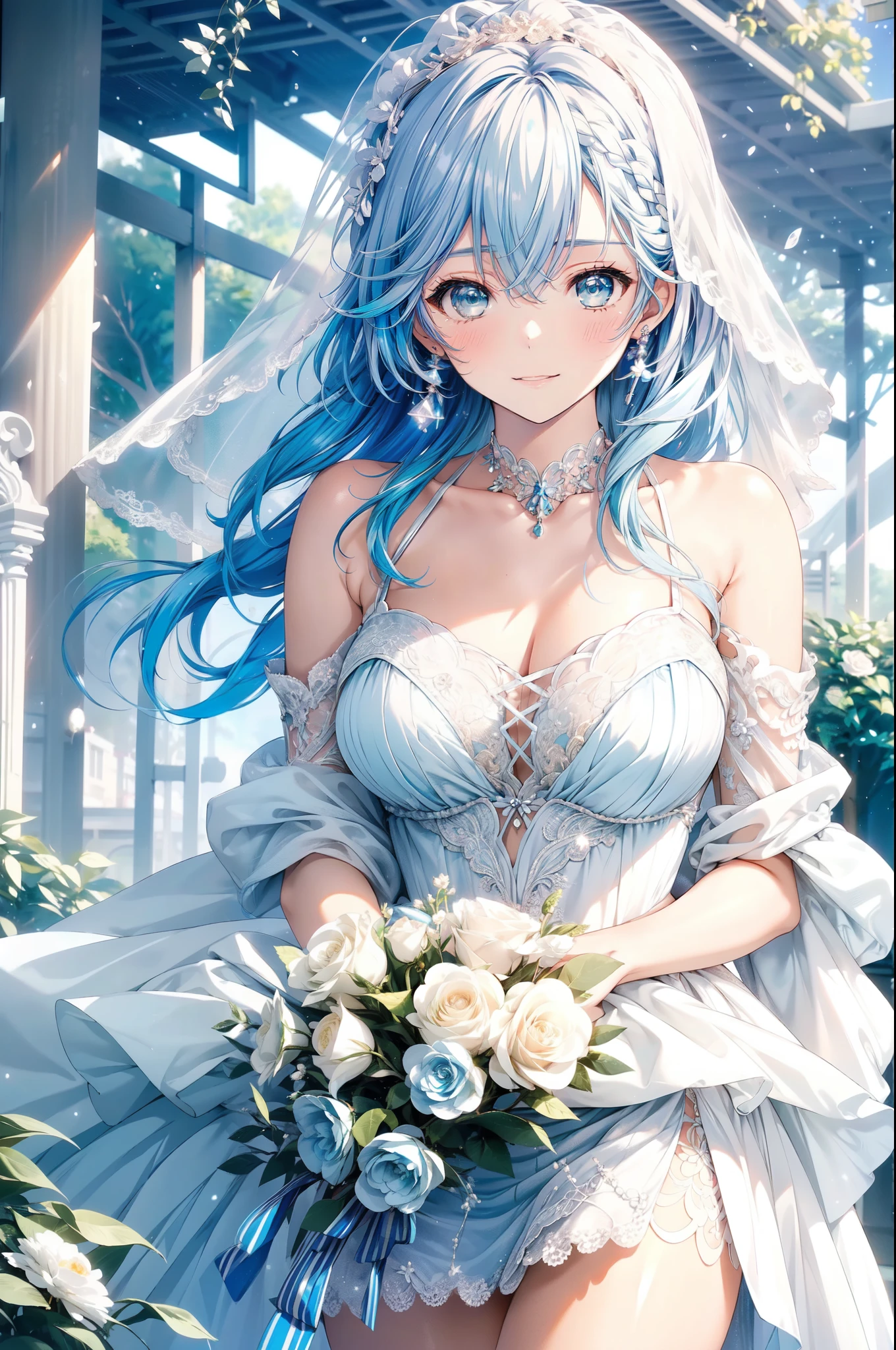 (masterpiece, best quality, beautiful and aesthetic:1.3), 1woman, solo, matured woman, (bright blue hair streaked skyblue:1.4), (Gradient blue hair ends:1.6), hair strand, absurdly long hair, single sidelock, wavy hair, shiny hair, floating hair, (deep blue eyes), delicate eyes, aqua eyes, super high detailed eyes, long upper eyelashes, makeup, Focus on face, Very detailed facial, Perfect breasts, hot body, (Delicate skin texture:1.2), bridal veil, lace-trimmed dress, see-through, wedding dress, outdoors, white roses, garden, morning, standing, extreme detailed, (A little embarrassing)
