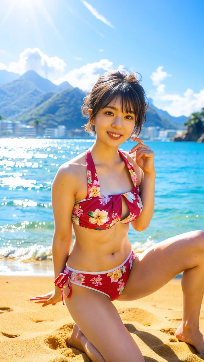 1girl, solo, cute face,big eyes,breasts, looking at viewer, blush, hair ornament, navel, cleavage, bare shoulders, medium breasts, seductive smile, standing, collarbone, swimsuit, flower, bikini, thighs, cowboy shot, earrings, outdoors, sky, day, cloud, hair flower, water, stomach, blue sky, bare arms, Gingham Print bikini, side-tie bikini bottom, ocean, halterneck, beach, sunlight, red flower, front-tie top, string bikini, front-tie bikini top, horizon, hibiscus, ((kneeling pose)),thige strap