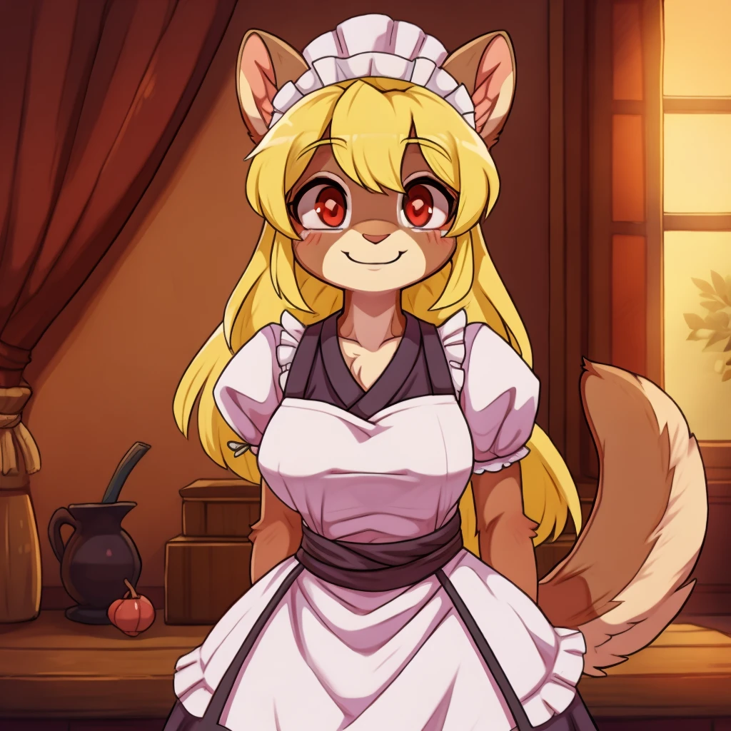 8K, best quality, best resolution, 1girl, squirrel ears, curtains, squirrel girl,big squirrel tail, squirrel female, indoors, living room, long hair, yellow hair, red eyes, growing eyes, maid dress, maid headdress, red eyes, see-through, solo, smile, transparent, furry, squirrel anthro ,kawaii, cute, pink tail, pink fur, cute breasts, human's face, people's face, japanese anime,