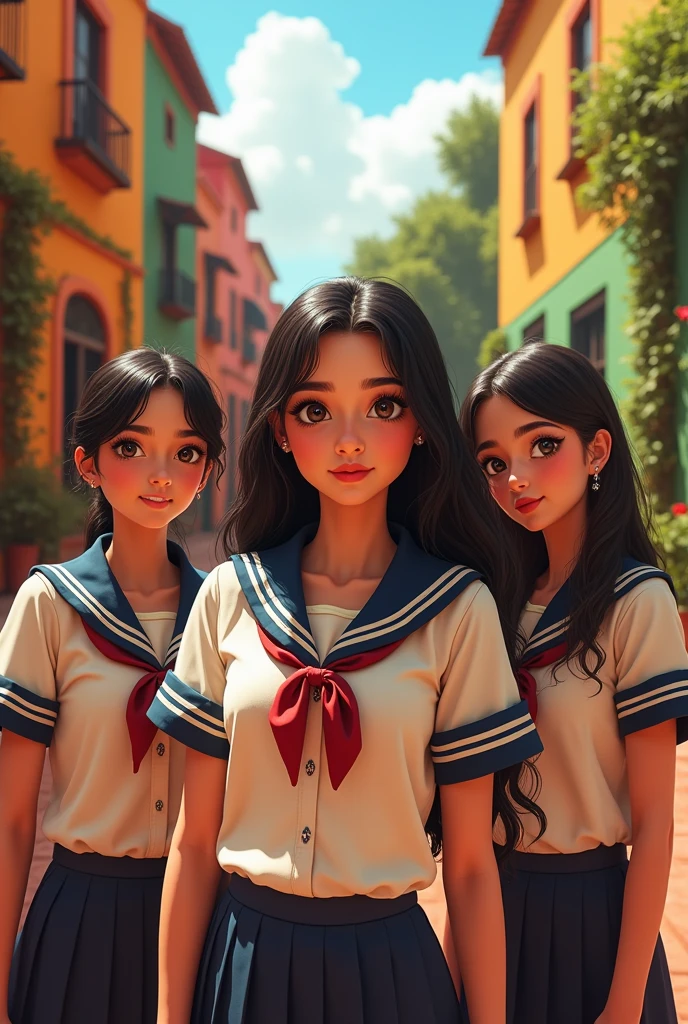 There are 3 black girls, black girl number 1 is wearing goddess braids in a bun up, black girl number 2 is wearing goddess braids down, theres a black girl who has a hijab, theres another black girl with a natural small afro. Theres a tan girl who has straight brown hair. In total there are about 5 girls and they're wearing a school uniform. The background is a playground