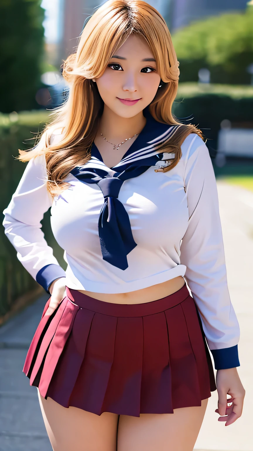 Best quality, high detailed, 8K quality, 4k resolution, Full body japanese girl, blonde hair, necklace and piercing, gorgeous face, huge breast, curvy body, wearing School Uniform (Seifuku): Sailor-style top, pleated skirt, and knee-high socks, curvy body, playful expression, city background