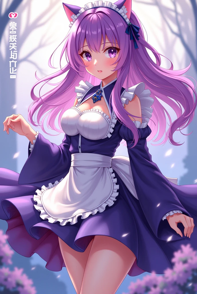 masterpiece, best quality, fiona, white thighhighs, capelet, see-through, big breasts, purple flower, too many flowers, sunlight, purple sky, glowing flower, looking at viewer, lens flare, hand in own hair, <lora:fiona-000018:0.5>