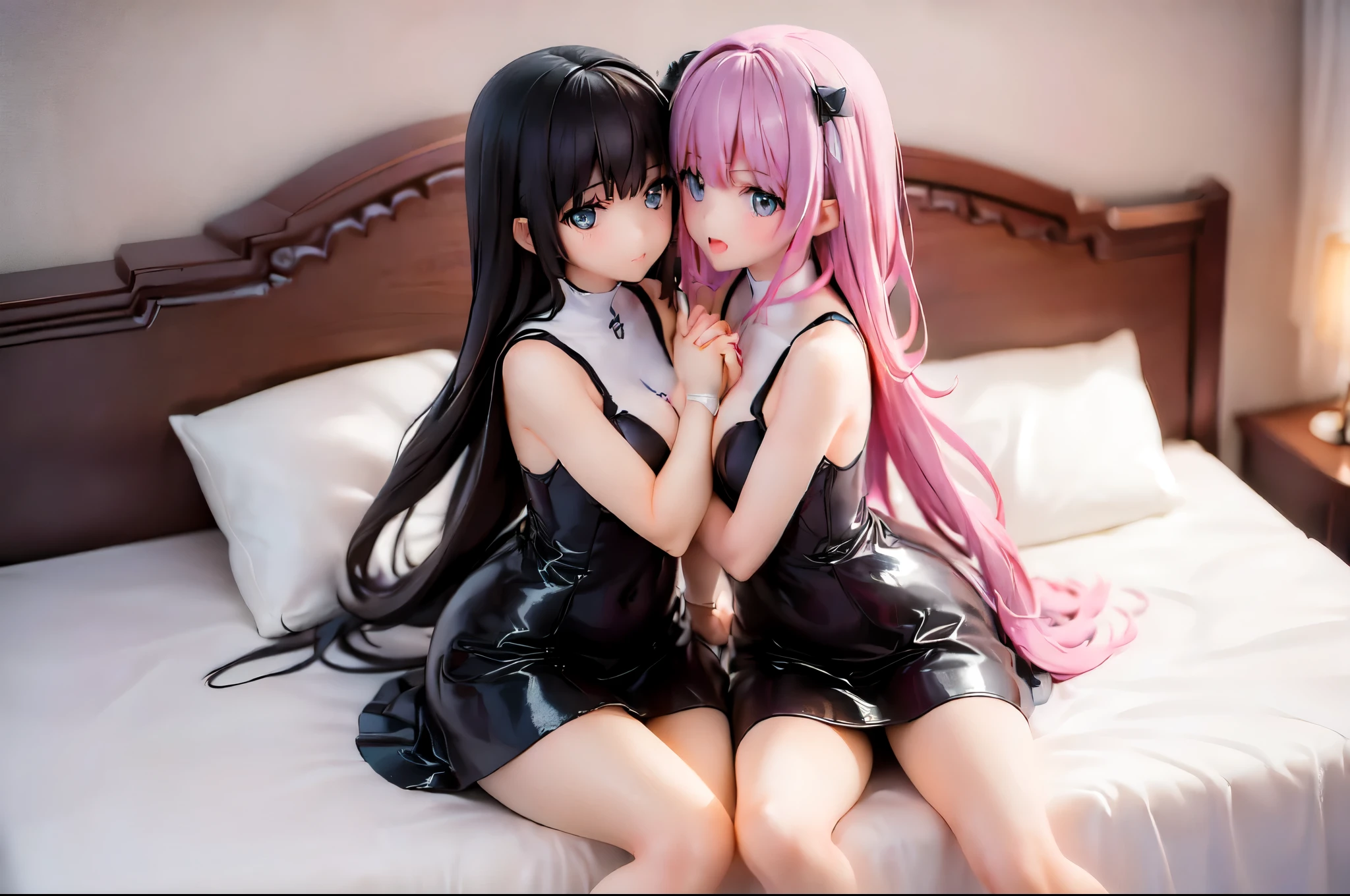 (Two girls hugging each other and holding hands:1.8), (Sitting on the bed:1.5), (Torn and tattered nun&#39;s uniform:1.5)、(Big Breasts、Cleavage、Butt:1.5), (Crying in fear:1.5), (Simple Background:1.8), (Highest quality, masterpiece: 1.5), (2.5D)、(((Skin glowing with oil:1.3)))、(Body covered in milk:1.5)、 (dynamic angle:1.8), (Raise the hand, Leg spread:1.3), ((((Wet)))), (((Spread your legs:1.5))),