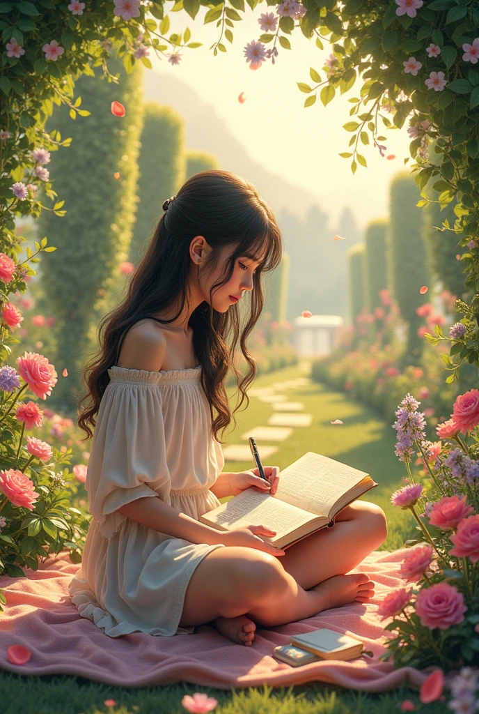 Delicate female character drawing in Pixar style in a sitting position in a field of flowers