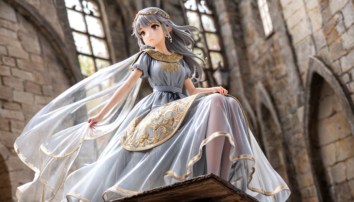 girl, Gold and silver embroidery, White-gray pearl medieval long dress（With panniers）, Translucent fabric, Pull up the dress by hand, Strong winds, Translucent slip, Grey translucent tights, Peeking from below, Highest quality, Disorder of clothing, sit