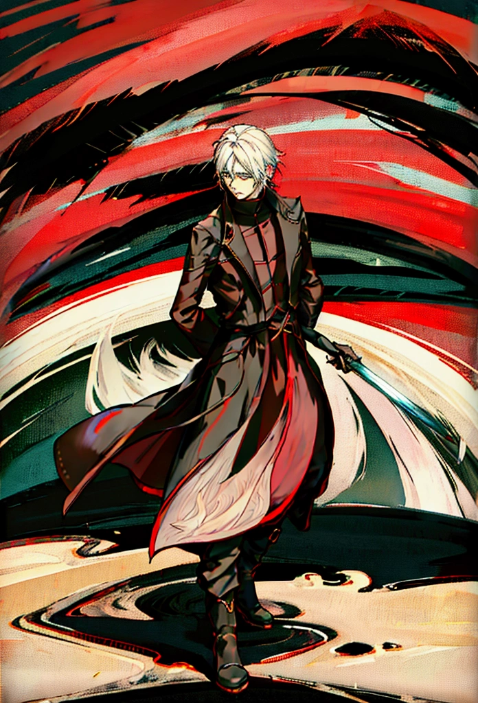 (masterpiece), 40 year old man, green eyes, White hair,  trench coat with black and red color, Black pants, brown boots, sword in hand, in the countryside, (4k)