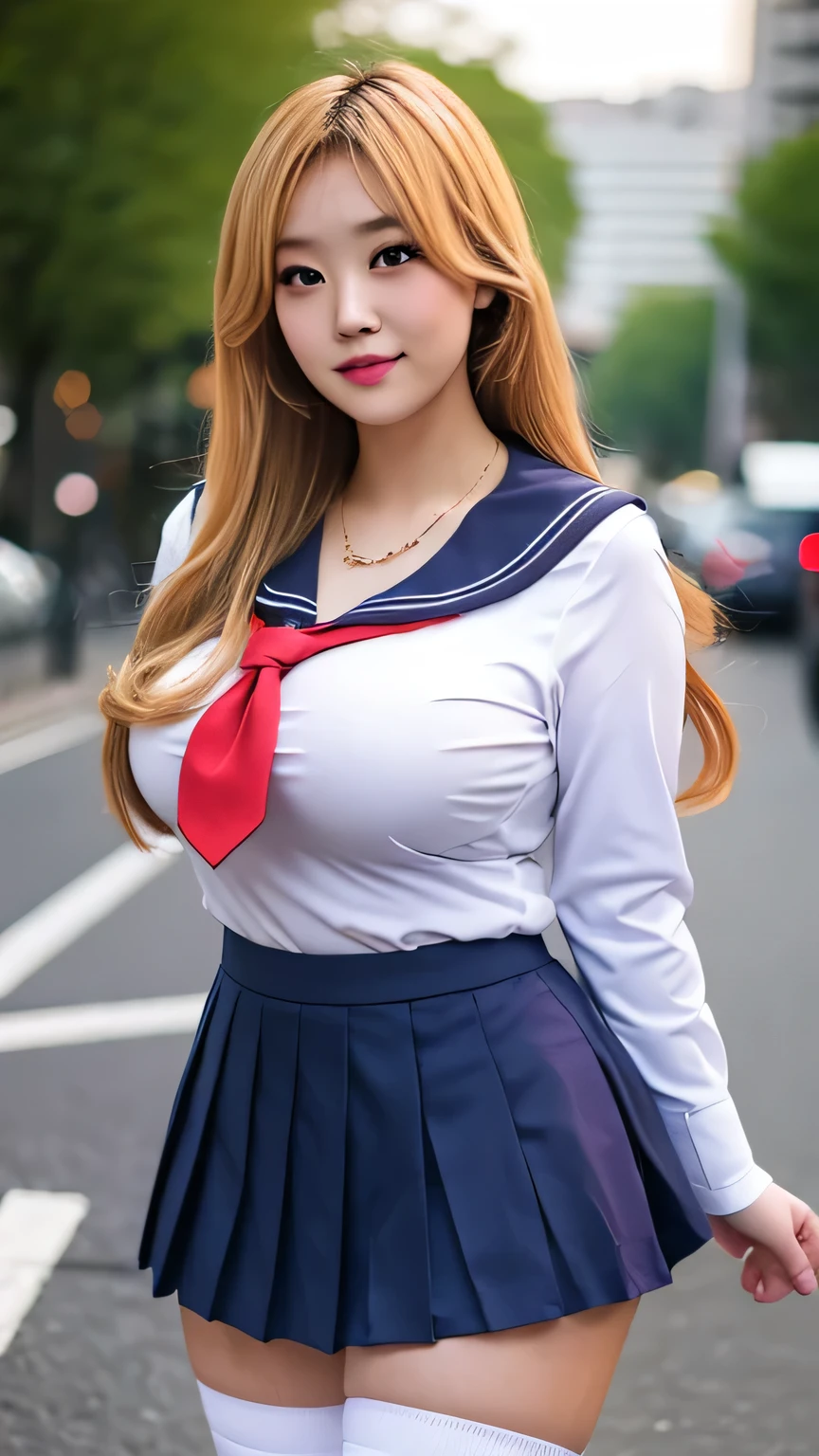 Best quality, high detailed, 8K quality, 4k resolution, Full body japanese girl, blonde hair, necklace and piercing, gorgeous face, huge breast, curvy body, wearing School Uniform (Seifuku): Sailor-style top, pleated skirt, and knee-high socks, curvy body, playful expression, city background