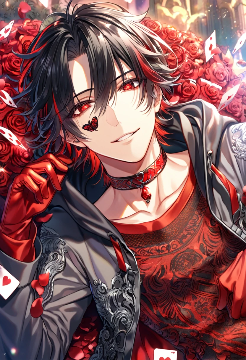 absurdres, highres, ultra detailed, HDR, master piece, Shin, dark brown hair, messy hair, red streaks, expressive red eyes, cropped black leather jacket, Amnesia Memories, sexy man, handsome, best quality, red blossoms, red petals, red flowers, fantasy, magical, red shining fireflies, solo, water, red shirt with black patterns, red gloves, red collar, heart of cards, chains, handsome smile,