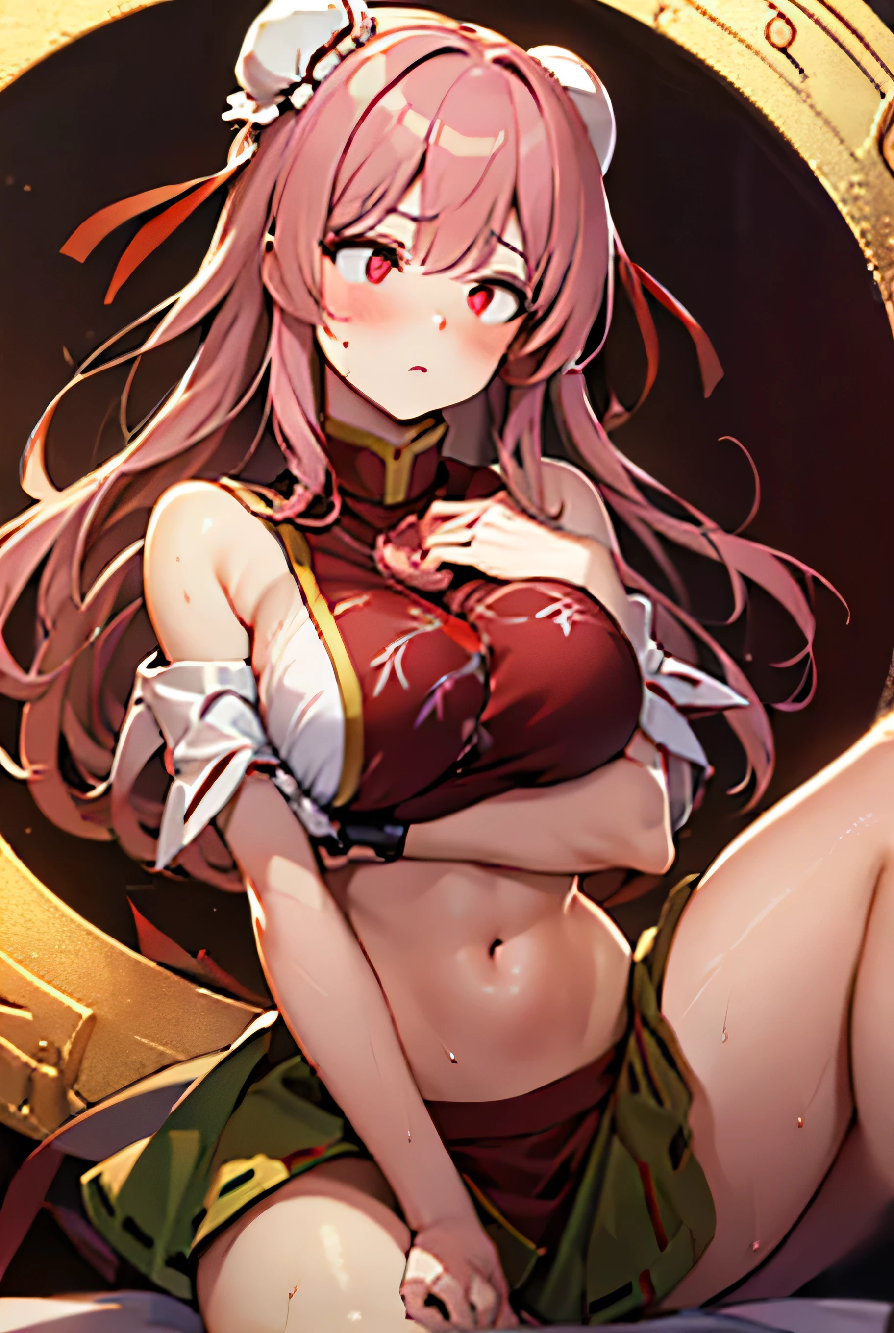 (masterpiece, Highest quality), Highest quality, (Very detailed), (3 heads:1.5), One girl, (kasen, ibaraki:1.3), masterpiece, Highest quality, super high quality, Super Resolution, Super detailed, White top, Crop top, ((Stomach)), abdomen, ((between legs)), Green Skirt, Normal ear, Bondage, Pink Hair, very Long Hair, Wavy Hair, Side Lock, Red eyes, Lips parted, Single Horn, Sweat, cute, Firm stomach, Place your hand on your chest, eyelash, (2. Women:1.3), (masterpiece:1.5), (Highest quality:1.5), (Beautiful details), Very detailed CG, Very delicate and beautiful, Depth of written boundary, (Detailed painted face), (Perfect detail:1.2), (Mature Woman:1.3), Wide pelvis, thin, Large breasts with visible veins, 16K resolution, High resolution, Very high quality, Very High resolution, Very detailed, masterpiece, Pink Hair, Long Hair, Fascinating presence, Braiding, Short skirt, close, big , young, Shoulder-length hair, Chinese bread, Hair Bun, Double Bang,