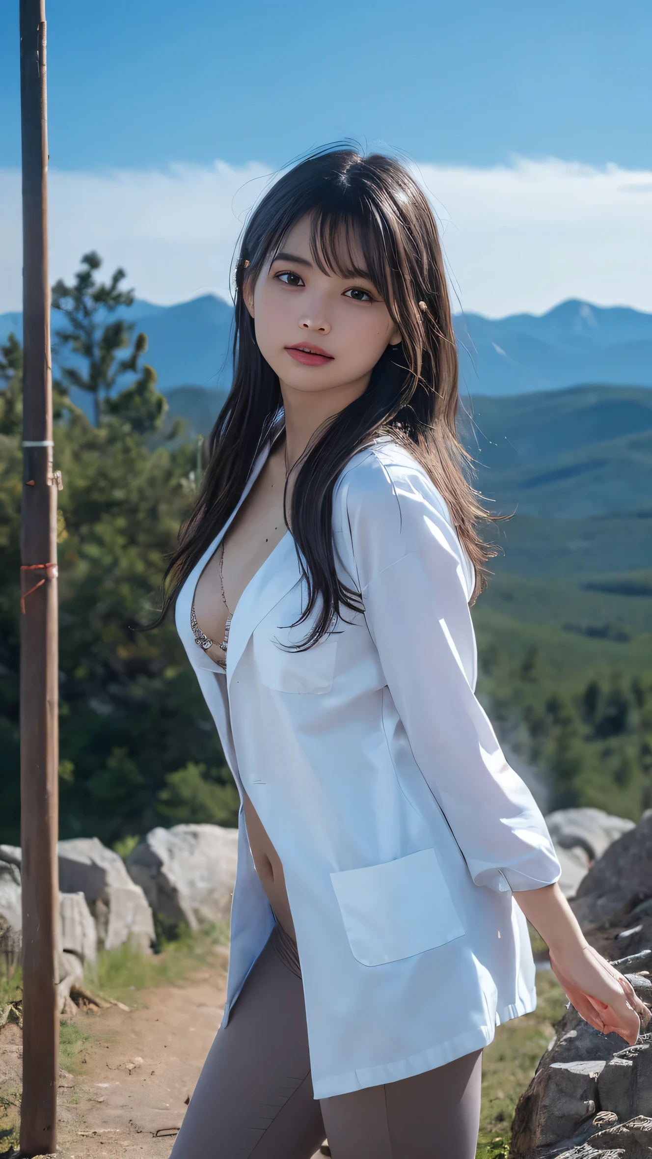 28age、Very beautiful woman、sexy、smile、Clothes are not taken off、(Rock climbing up the side of a towering peak, Her muscular legs pushing her up, A breathtaking view from the summit below her.:1.4) , Large Breasts:1.4、H cup breasts:14、Cleavage spilling out of the blouse:1.4、 (female docter, dressed in a professional white long lab coat, Inner is wearing a T-shirts):1.5. Thin Waist (Beautiful Skin), (Beautiful Eyes), Cellulite, (Detailed skin, Skin wounds:1.2) 24mm, Soft cinematic light, RAW Photos, Complex, elegant, Very detailed, Sharp focus, ((((Cinematic look)))), soo薄いg tones, Insane Details, Ultra-detailed, Low contrast, Exposure Blending, High resolution, Faded, Canon Ae-1で撮Shadow, 昔ながらの35mmフィルムで撮Shadow, (Analogue photography), Shadow, 1 1 1.4, ISO 800 Grain, 超High resolution, Highest quality, masterpiece, ((Color images)), Intimate, drop Shadow, Clear Background, (Highest quality:1.2), (Very detailed:1.1)