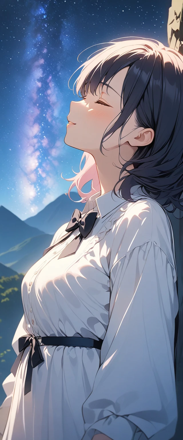 女の子 has white skin, look up_Away, night, Respect:1.5, Night Sky, milky way, Countless Stars々, One Girl, 8 heads, White dress with long sleeves, Box Dress, In the mountains, Dim lighting, a woman in blue and black bow tie tying a Good and smiling, 1girl, solo, breasts, Good, nipples, black hair, underwear, realistic, closed eyes