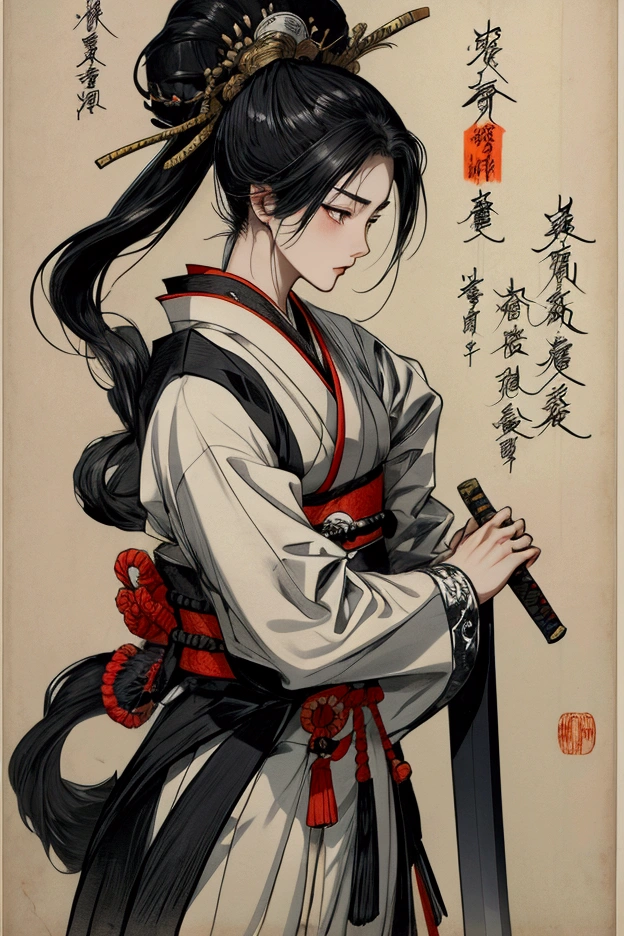 Character Design　Character Reference Sheet　Concept Character　Black and White　Taisho Romance　action　Japanese sword　male　samurai　delicate　whole body　full body　Japanese style　woman　Monochrome