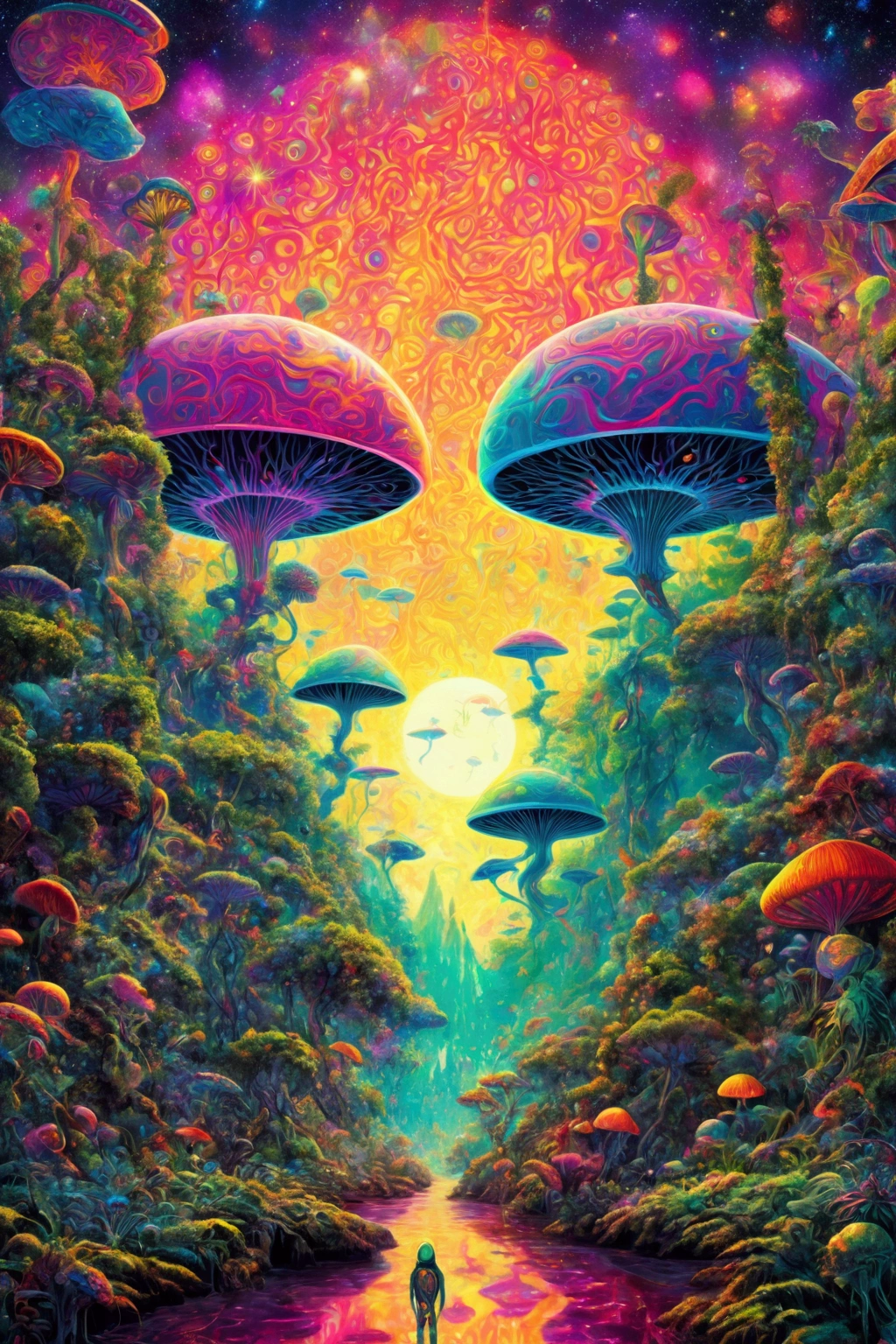 A poster of a psychedelic psychedelic psychedelic psychedelic, extraterrestrial paradise, psychedelic artwork, Arte Trippy, Viagem DMT, psychedelic artwork, psychedelic acid trip, alien forest in background, on a lush fertile alien planet, psychedelic trip, Surreal alien realm, Futuristic psychedelic hippie, while tripping on dmt