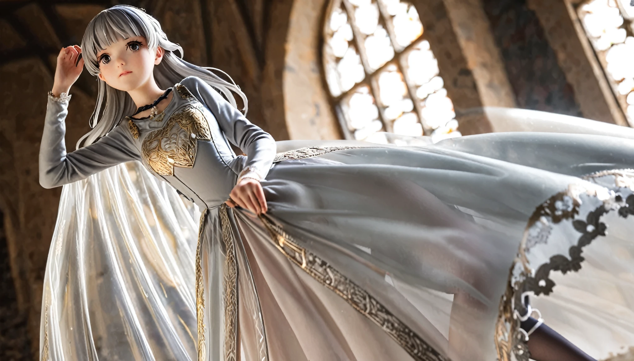 girl, Gold and silver embroidery, White-gray pearl medieval long dress（With panniers）, Translucent fabric, Pull up the dress by hand, Strong winds, Translucent slip, Grey translucent tights, Peeking from below, Highest quality, Disorder of clothing, sit