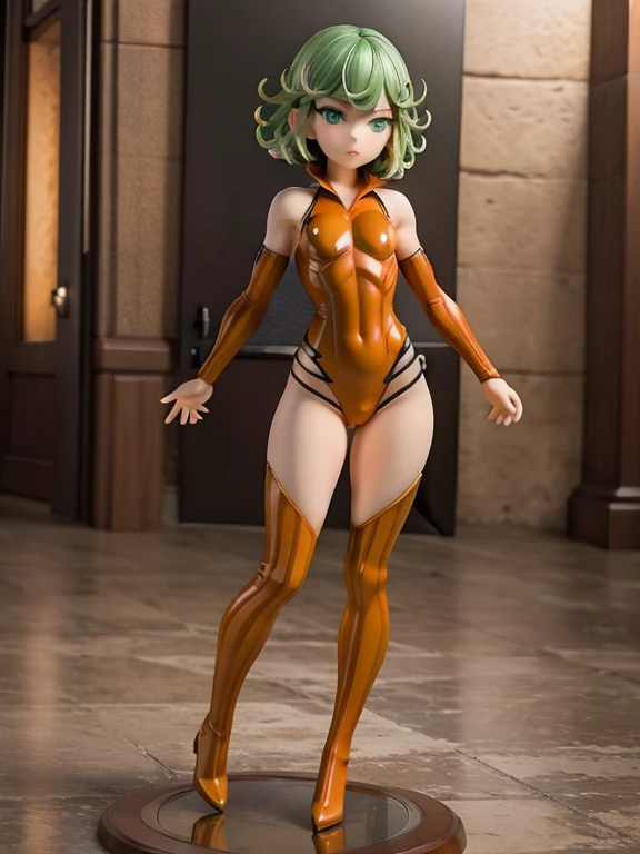 Masterpiece, best quality, ultra detailed, illustration, lighting epic, cinematic composition, 1 girl, Tatsumaki, short hair, green hair, very small breasts, green eyes, bright eyes, pouting, blushing, closed mouth, piercing gaze, full body, gremlin, brown collar, tall, very thin, hunched over, long metal claws, spikes on his forearms, brown details, brown fingerless gloves, orange wristbands, orange nanotech suit, light armor, orange chest with an emblem, high shoulder pads, orange suit with brown stripes, brown tiger stripes, triangle emblem on his chest, orange emblem, orange pants, orange knee pads, metallic orange boots, metallic orange shoes, brown superhero belt, standing on a building, city background, anime