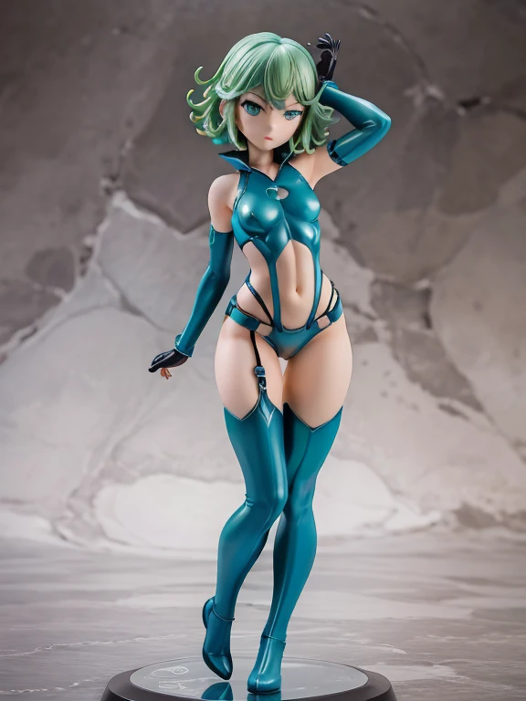 Masterpiece, Best Quality, Ultra Detailed, Illustration, Epic Lighting, Cinematic Composition, 1 Girl, Tatsumaki, Short Hair, Green Hair, Very Small Breasts, Green Eyes, Glowing Eyes, Pouting, Blushing, Closed Mouth, Piercing Gaze, Full Body, Black Collar, Tall, Thin, Shock Collar, Black Gloves, Black Chest Harness Belt, Light Blue Wrist Guards, Sleeveless, Light Blue Likeness Suit, Light Blue Suit With An Emblem, Orange Circular Emblem On Chest, Orange Emblem, Light Blue Pants, Gray Knee Pads, Metallic Light Blue Boots, Black Superhero Belt, City Background, Standing On A Pier By The Sea During Daytime, Looking At Viewer, Anime