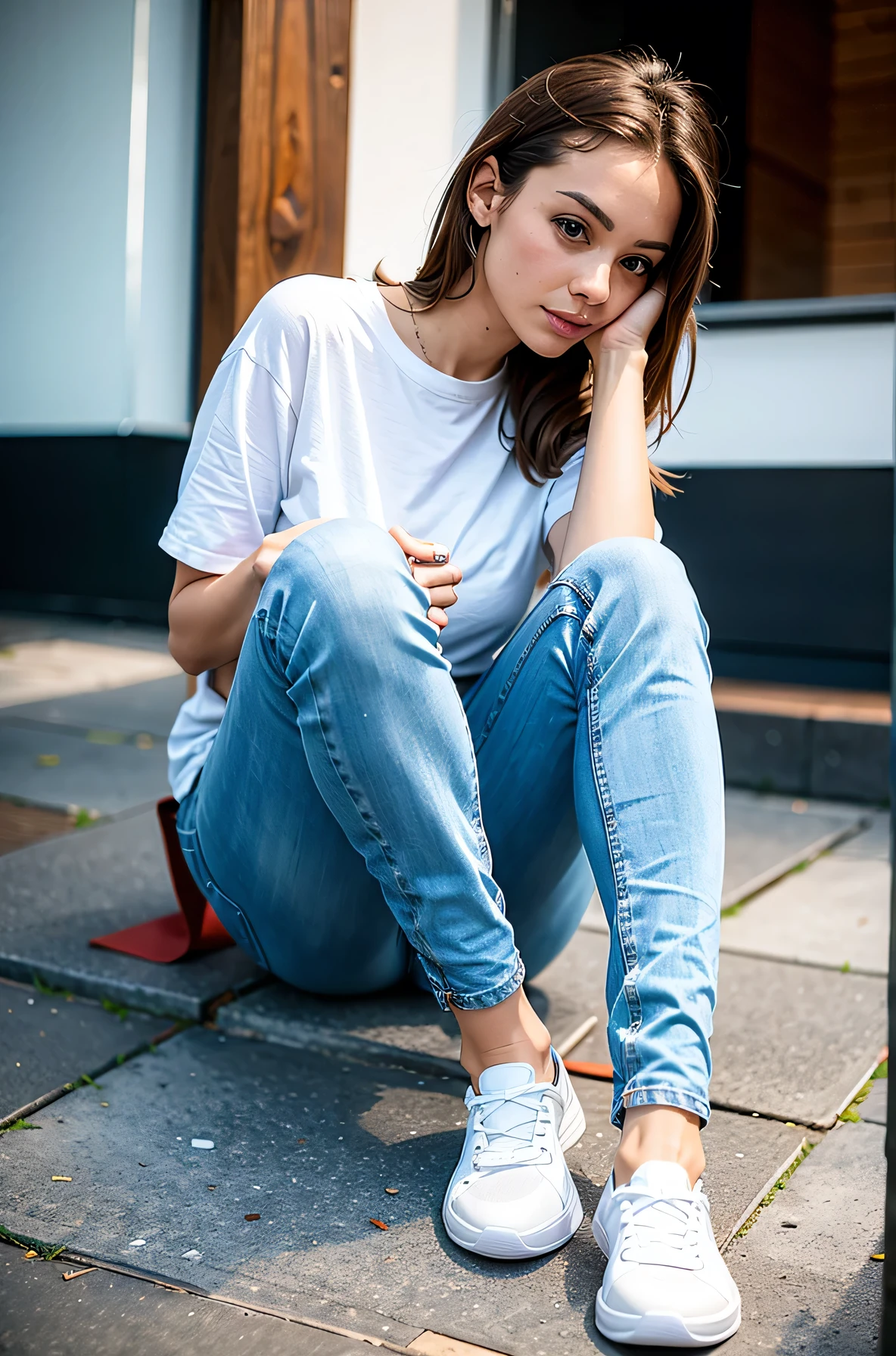 Woman in sneakers , feet, Skinny jeans